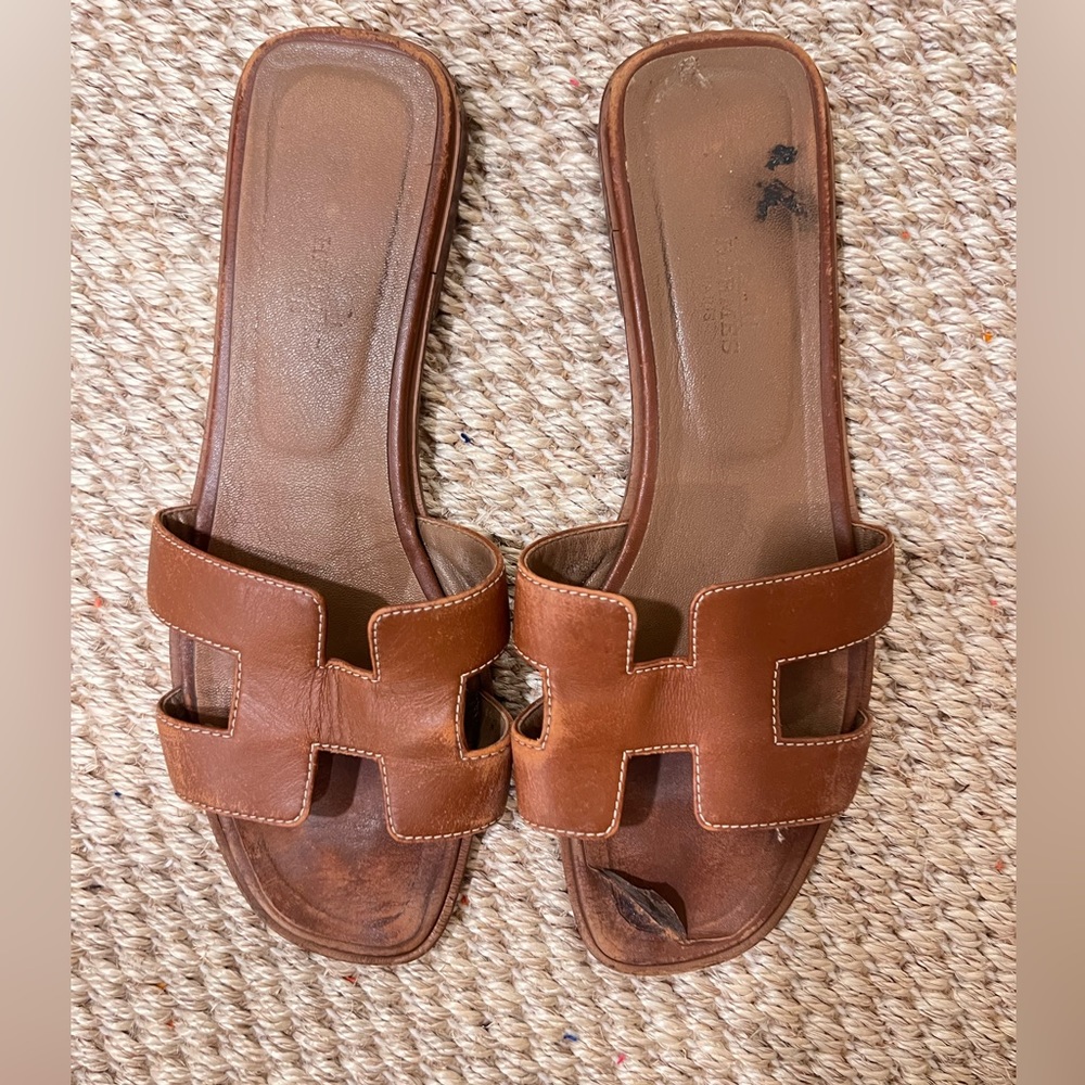 HERMES ORAN sandal slides brown leather 39.5